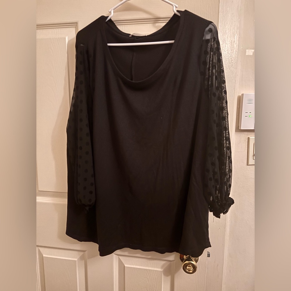 89th + Madison Black Top with Sheer Polka Dot Sleeves - Size 2X